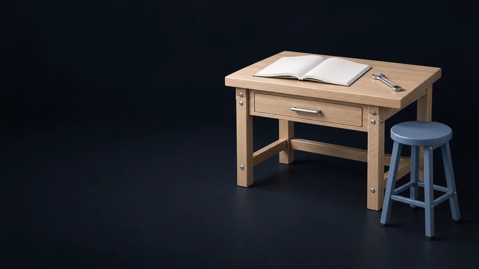 A complete oak workshop bench with an open blank workbook, silver spanner and empty blue stool. - Government & Public Services Meta ads research index