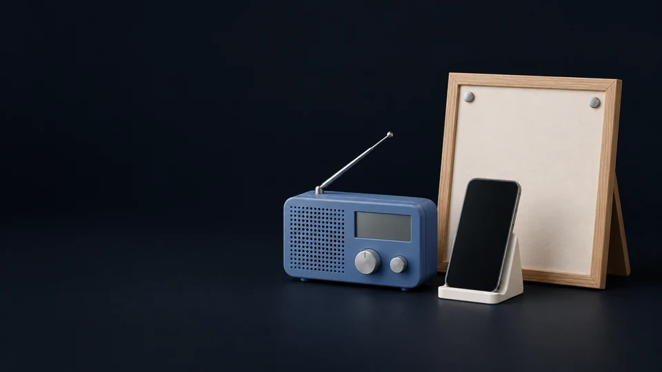 A blank-display weather radio with full antenna, a dark-screen phone and an empty oak-framed notice board. - Government & Public Services Meta ads research index