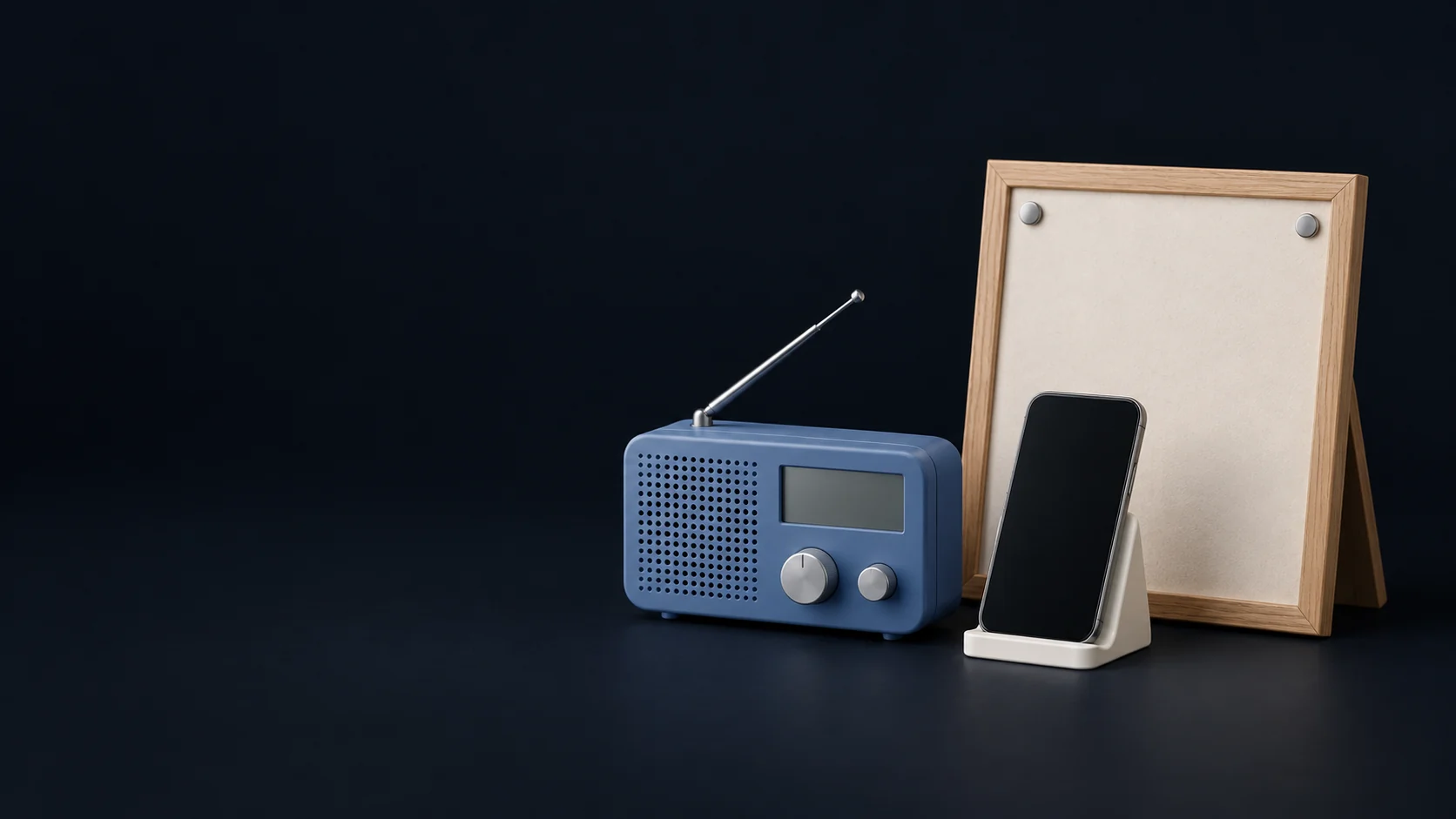 A blank-display weather radio with full antenna, a dark-screen phone and an empty oak-framed notice board. - Health & Safety Services Meta ads research by Madgicx Labs