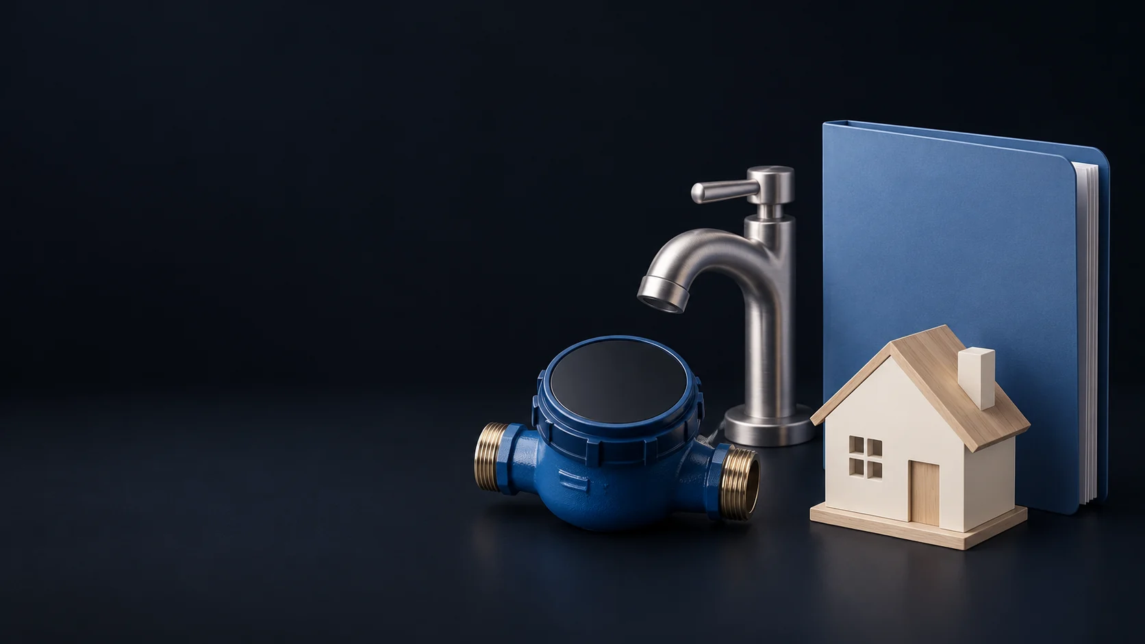 An unmarked blue water meter with blank dial, silver faucet model, blue folder and small ivory house. - Public Utility Services Meta ads research by Madgicx Labs