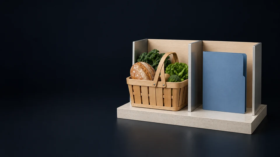 A basket of bread and vegetables beside a blank blue folder in two separate service bays on a stone base. - Government & Public Services Meta ads research index