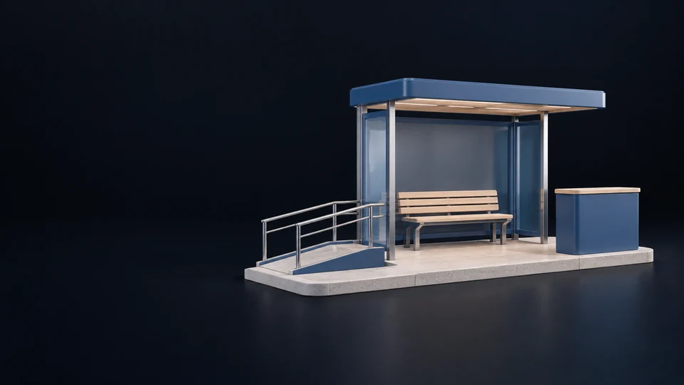 A blue bus stop shelter with empty bench, complete handrailed ramp and low service counter on a stone base. - Government & Public Services Meta ads research index