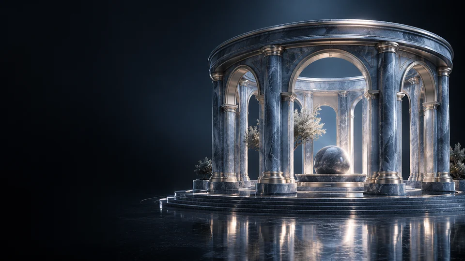 A blue stone circular colonnade with a central sphere and pale trees. - Government & Public Services Meta ads research by Madgicx Labs