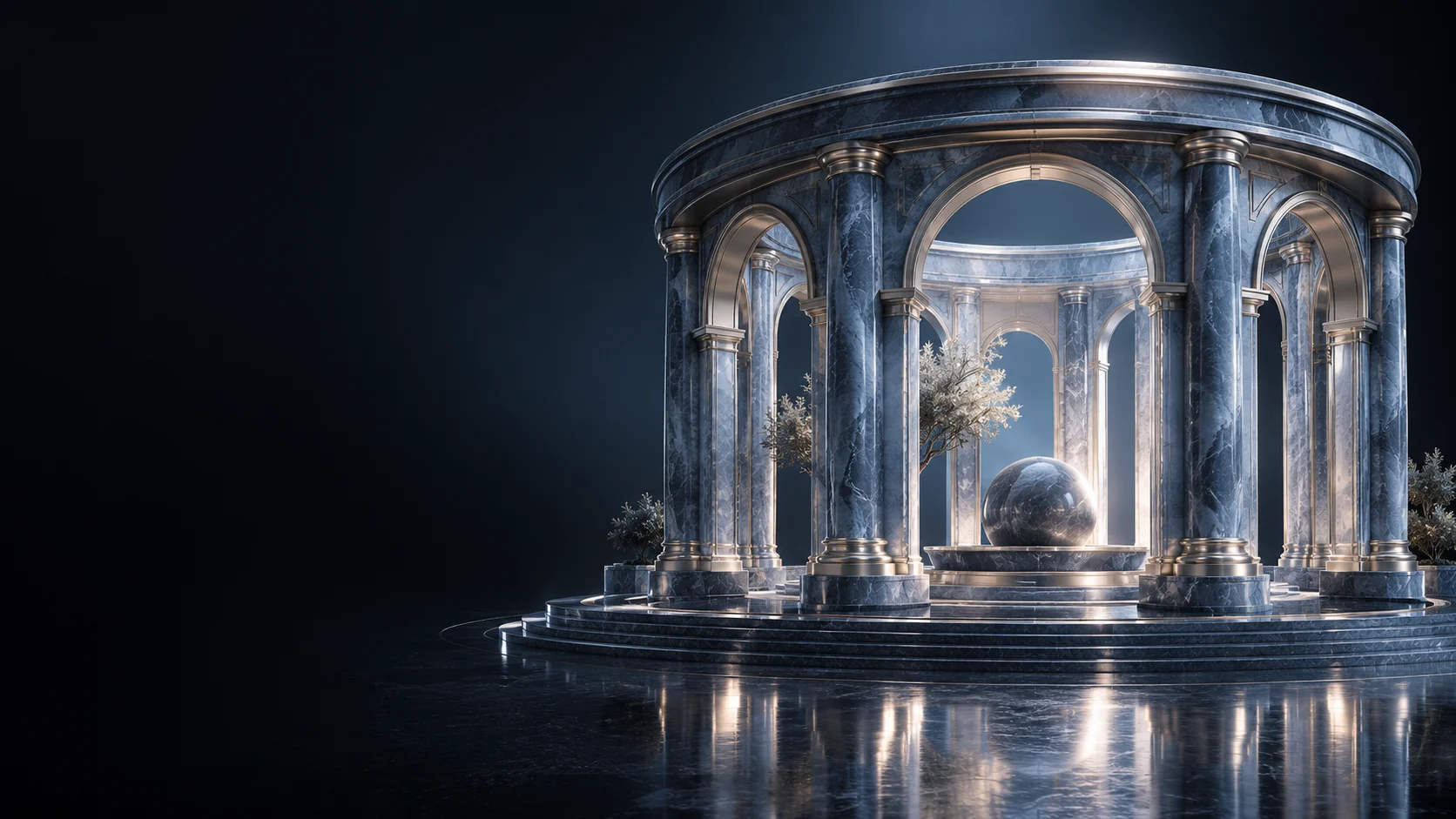 A blue stone circular colonnade with a central sphere and pale trees. - Government & Public Services Meta ads research by Madgicx Labs