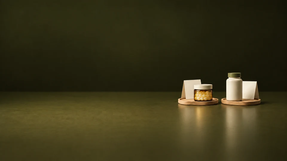 An amber gummy jar and ivory supplement bottle on separate wooden trays with blank cards. - Health Supplements & Nutrition Meta ads research index