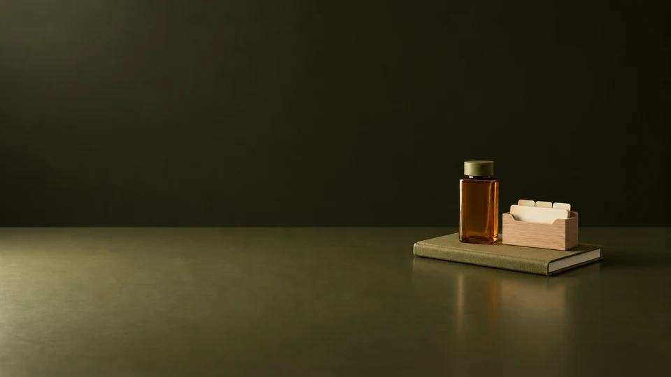 An amber supplement bottle and blank index cards on a closed olive notebook. - Health Supplements & Nutrition Meta ads research index