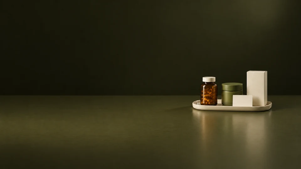 An amber supplement bottle, olive jar and ivory carton arranged on a complete cream tray. - Health Supplements & Nutrition Meta ads research index