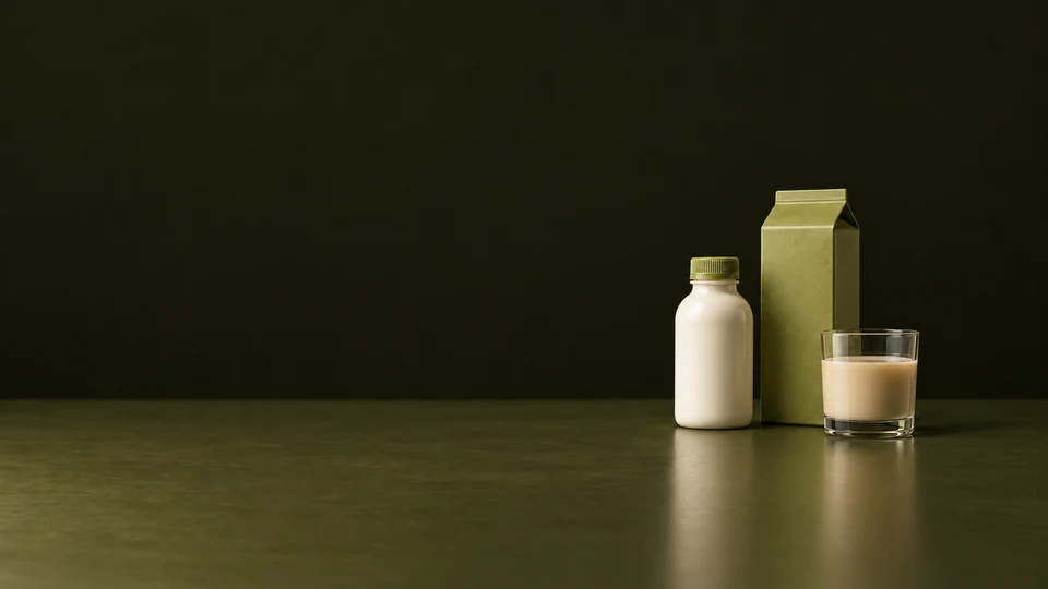 A closed ivory shake bottle, olive drink carton and glass of beige shake on an olive table. - Health Supplements & Nutrition Meta ads research index