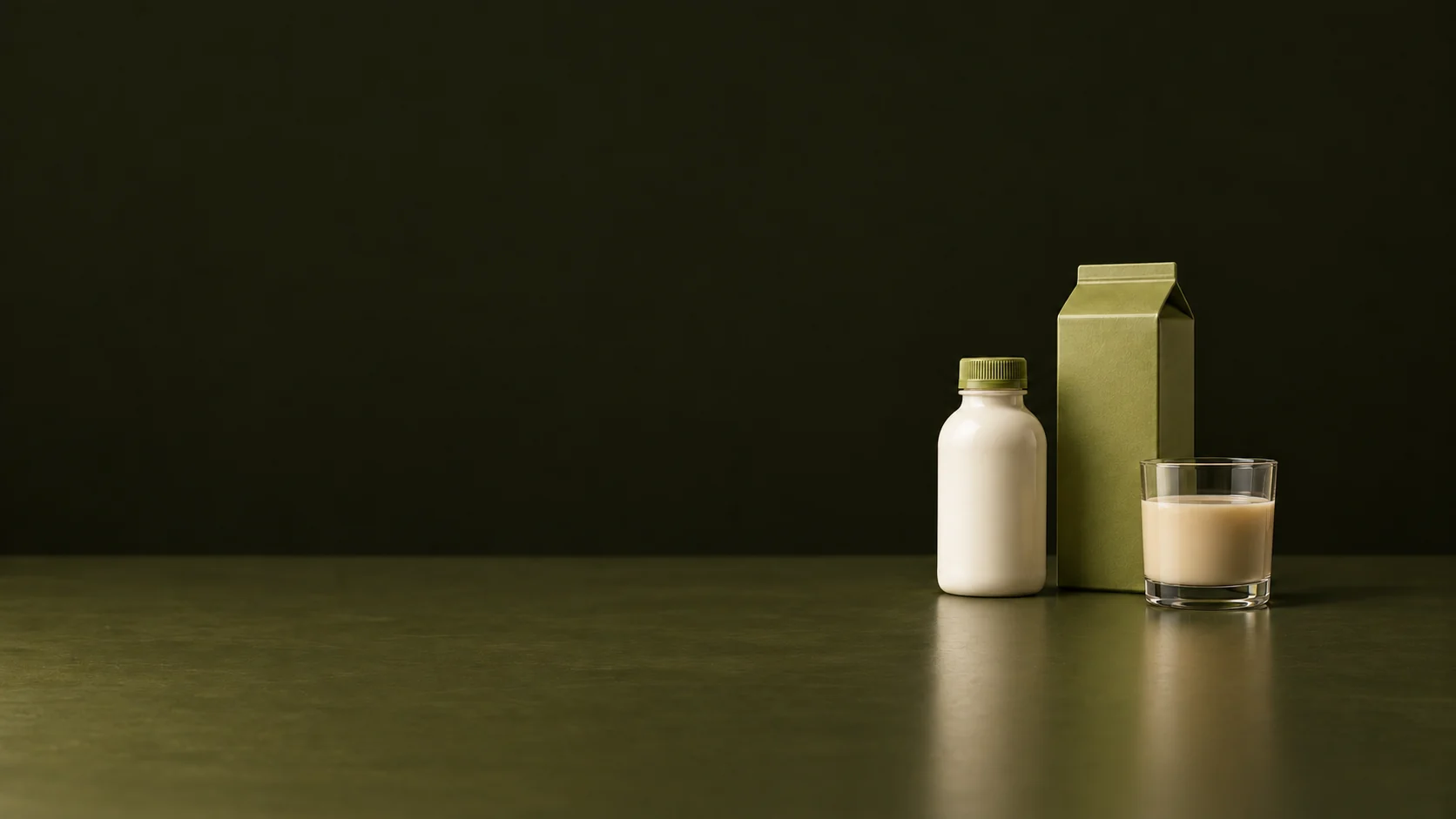 A closed ivory shake bottle, olive drink carton and glass of beige shake on an olive table. - Nutritional Beverages Shakes Meta ads research by Madgicx Labs