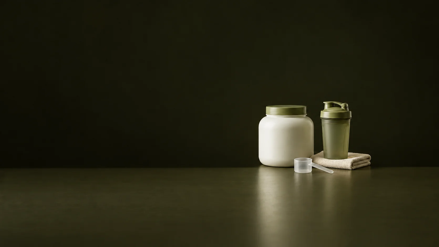 An ivory powder tub, olive shaker, cream towel and empty translucent scoop. - Protein Muscle Supplements Meta ads research by Madgicx Labs