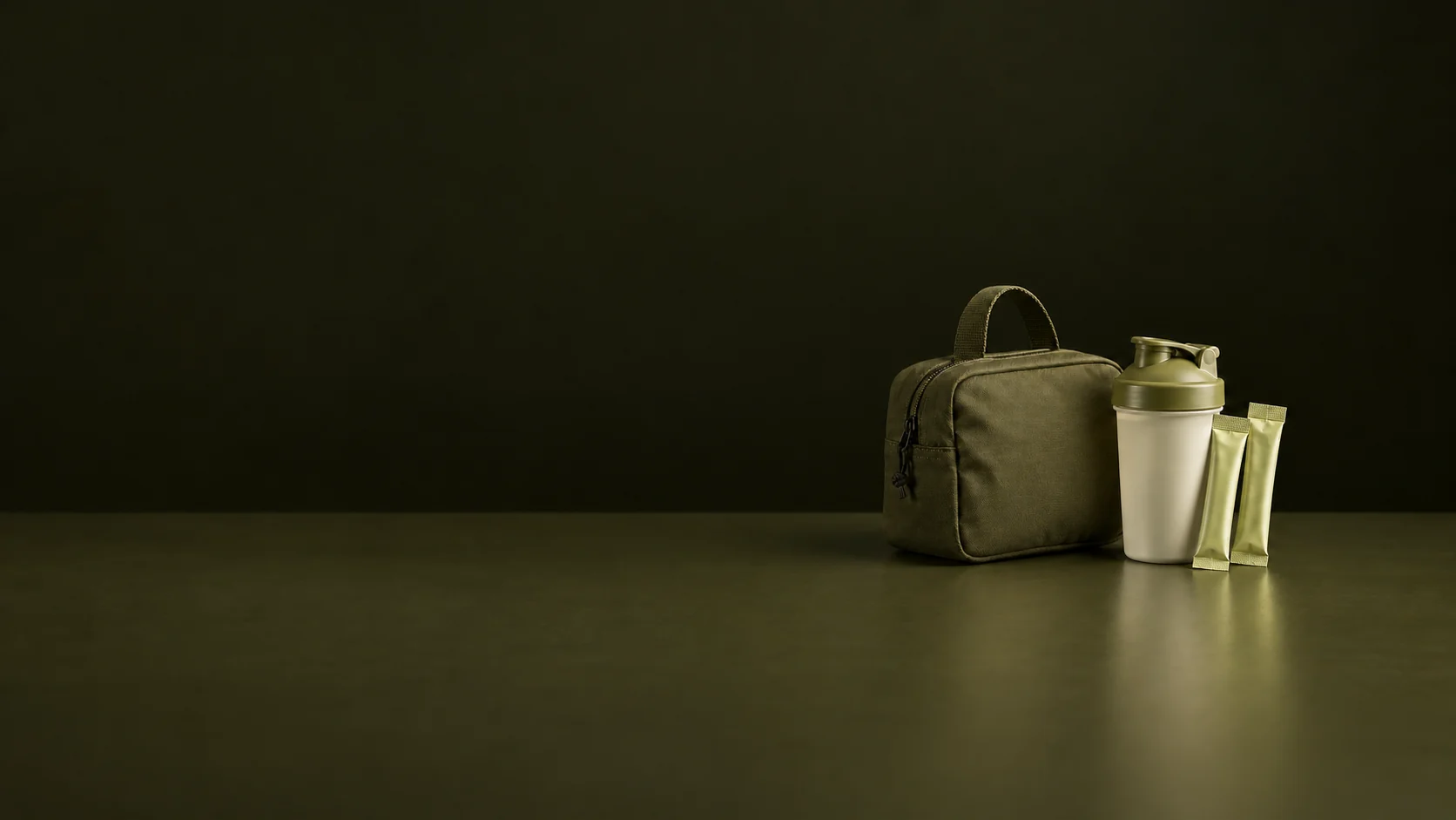 An olive training pouch, ivory shaker and two sealed pale olive stick packs. - Sports Performance Supplements Meta ads research by Madgicx Labs