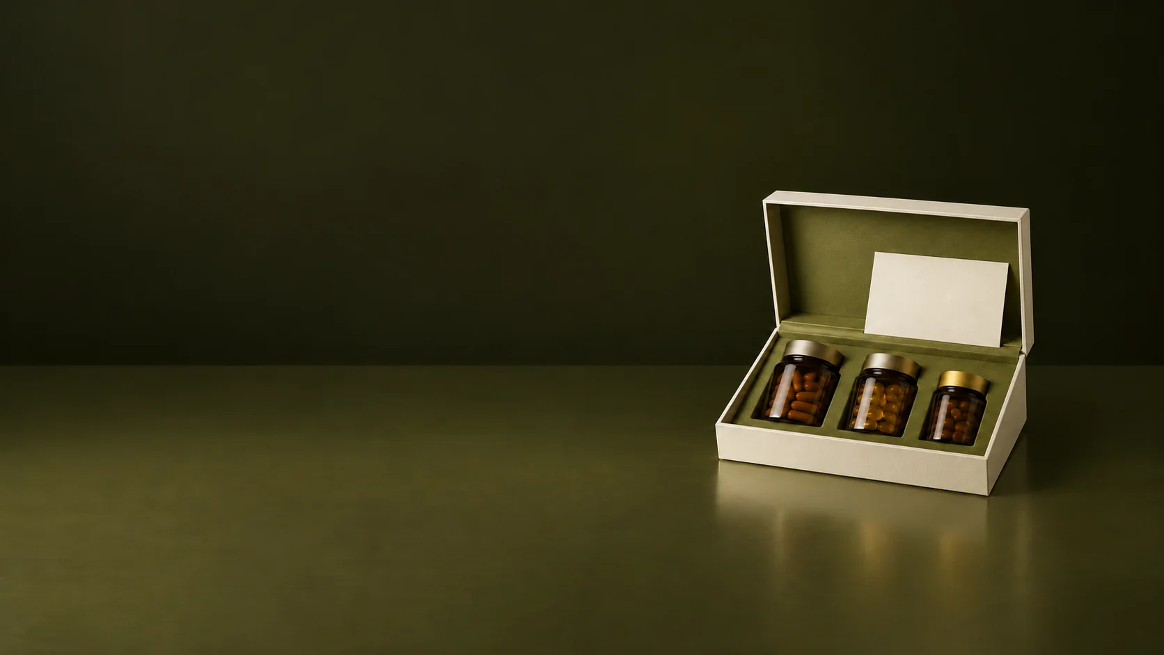 An open ivory case with olive lining, three small amber supplement bottles and a blank card. - Targeted Health Supplements Meta ads research by Madgicx Labs