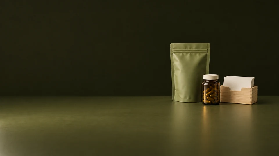 A sealed olive supplement pouch, amber bottle and wooden holder of blank index cards. - Health Supplements & Nutrition Meta ads research index