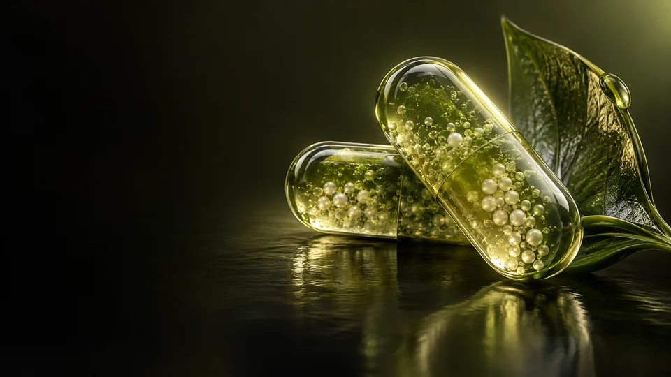 Two translucent olive capsules containing pale spheres beside curved leaf-shaped glass. - Health Supplements & Nutrition Meta ads research by Madgicx Labs
