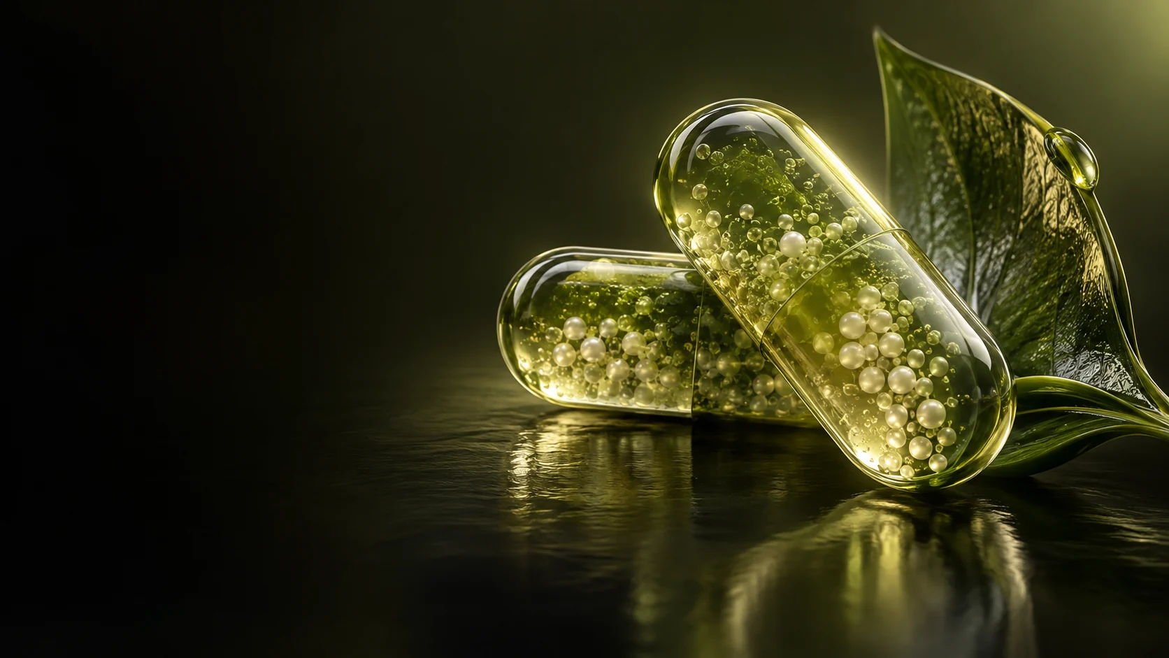Two translucent olive capsules containing pale spheres beside curved leaf-shaped glass. - Health Supplements & Nutrition Meta ads research by Madgicx Labs