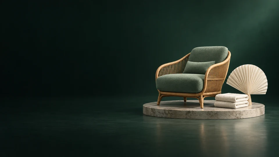 A sage consultation chair, folded ivory linens and pleated paper fan sit on an oval stone platform. - Healthcare & Wellness Meta ads research index