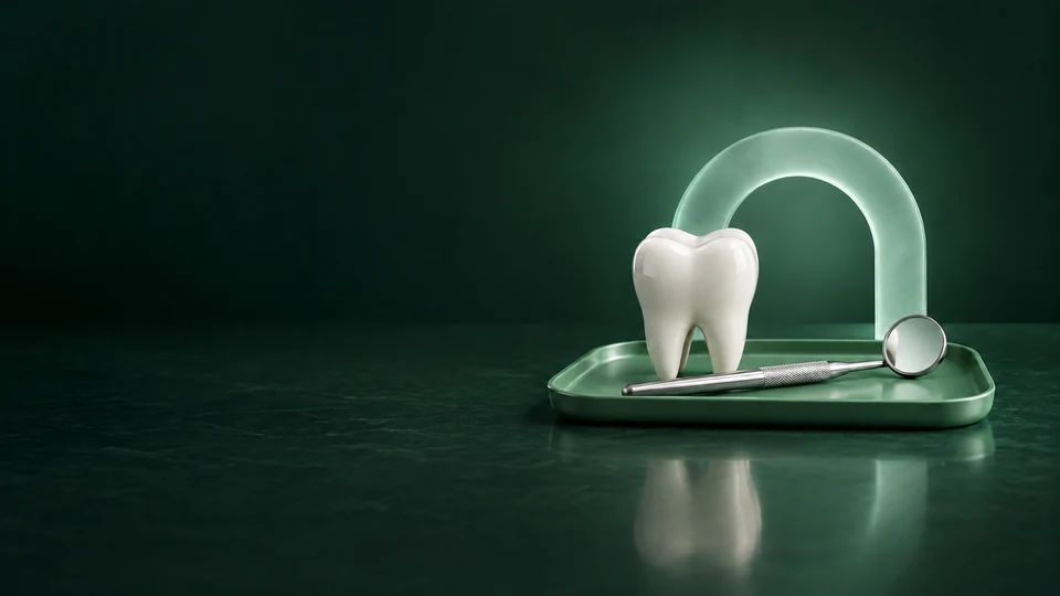 An ivory ceramic tooth-shaped model and round dental mirror sit on a sage tray in front of a frosted arch. - Healthcare & Wellness Meta ads research index