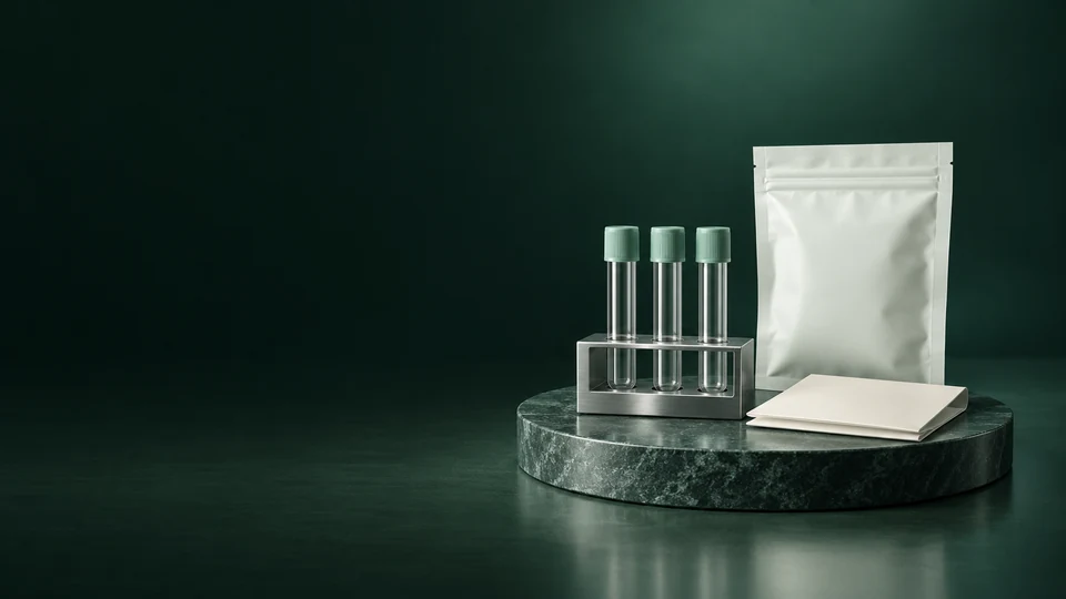 Empty capped glass tubes in an aluminum rack sit beside a sealed pouch and blank folded paper on dark stone. - Healthcare & Wellness Meta ads research index
