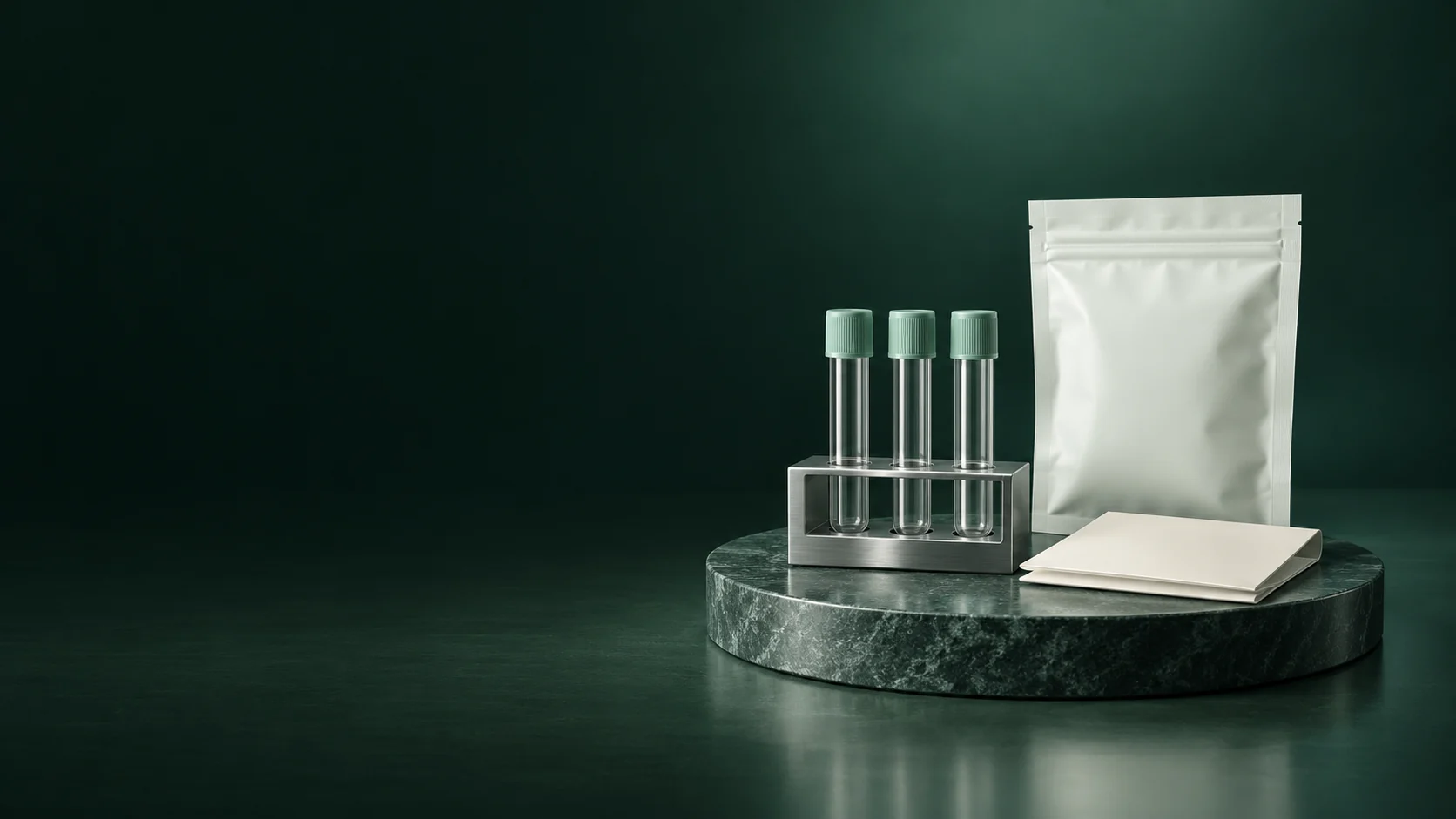 Empty capped glass tubes in an aluminum rack sit beside a sealed pouch and blank folded paper on dark stone. - Medical Testing Diagnostics Meta ads research by Madgicx Labs