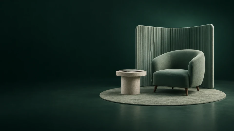 An empty sage armchair sits beside a stone table with a closed laptop in front of a ribbed textile panel. - Healthcare & Wellness Meta ads research index