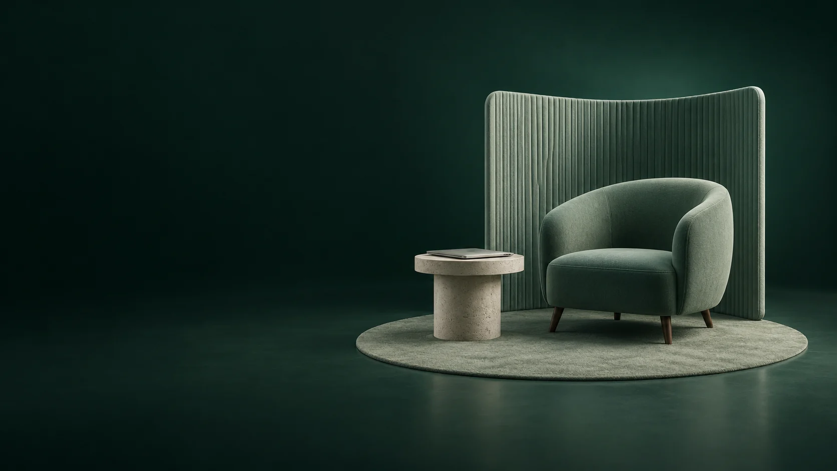An empty sage armchair sits beside a stone table with a closed laptop in front of a ribbed textile panel. - Mental Health Services Meta ads research by Madgicx Labs
