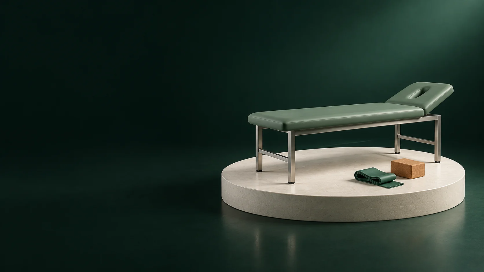 An empty sage therapy bench with a folded green resistance band and cork block on an ivory platform. - Physical Therapy Rehab Meta ads research by Madgicx Labs