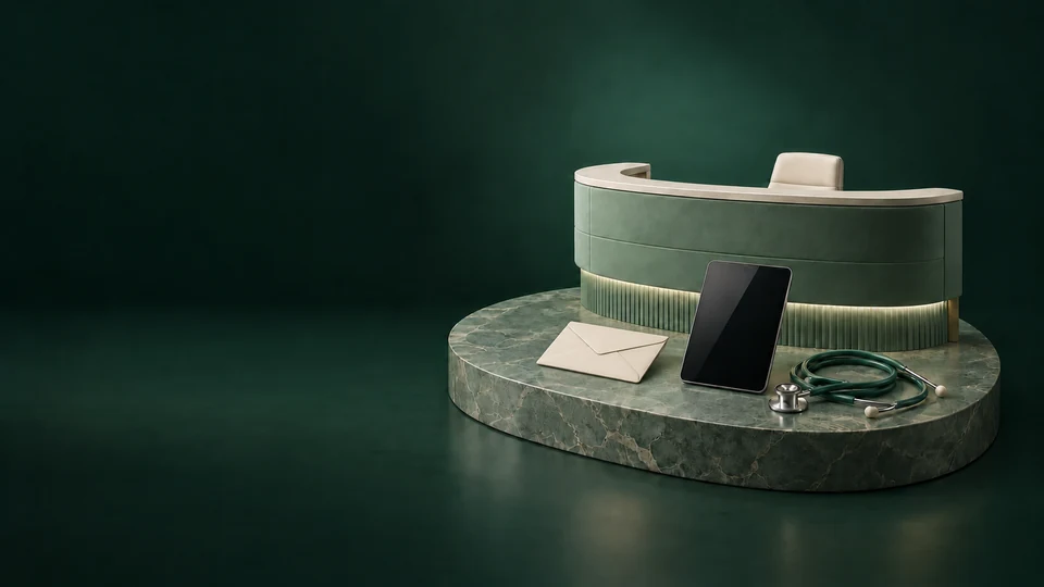 A curved sage reception desk behind a blank ivory envelope, dark tablet and coiled stethoscope on a green stone platform. - Healthcare & Wellness Meta ads research index