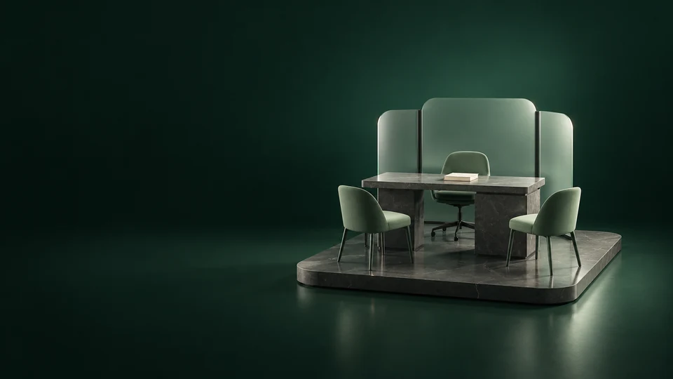 An empty consultation desk with sage chairs, a blank ivory book and frosted partition on a dark stone platform. - Healthcare & Wellness Meta ads research index