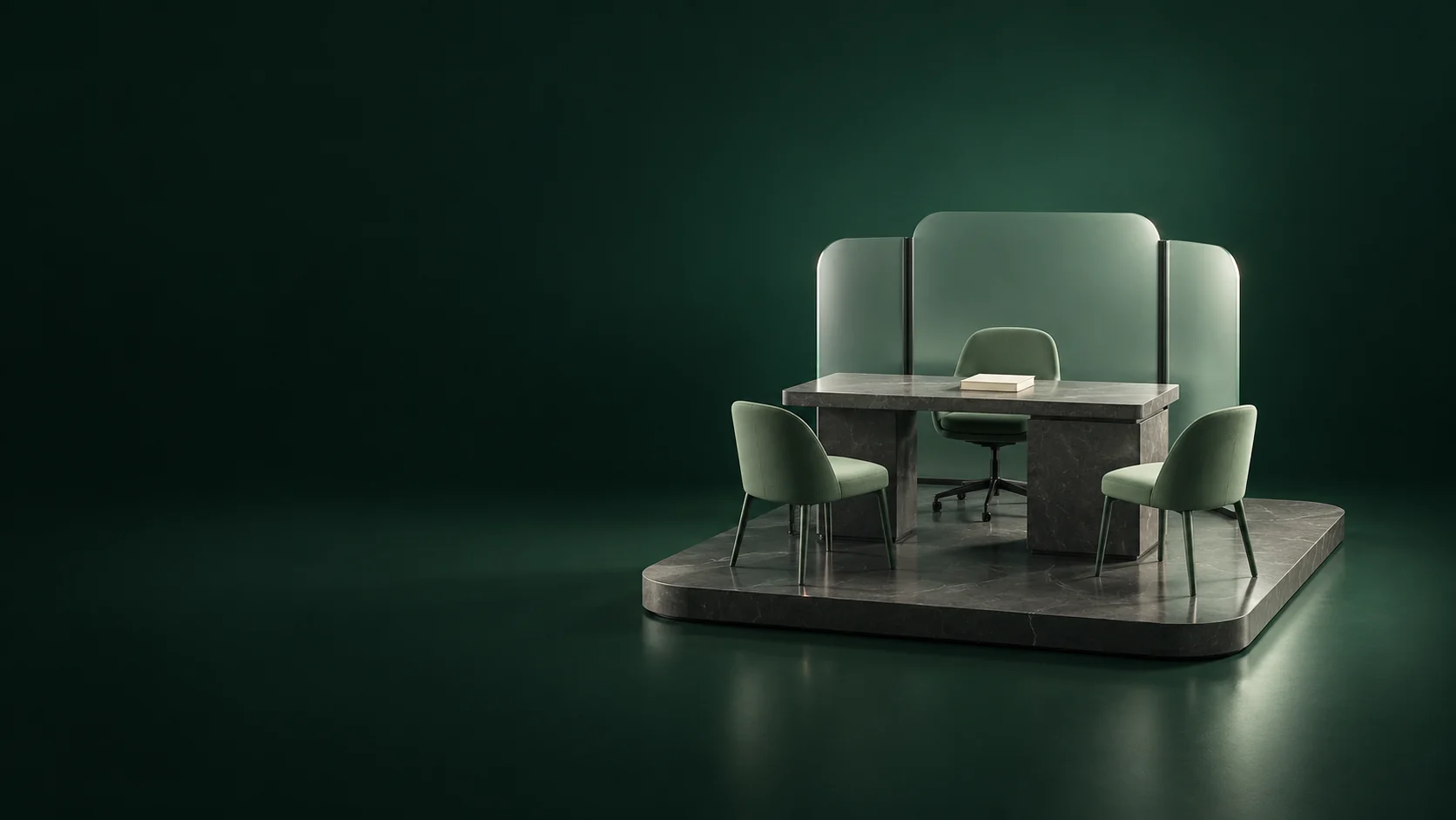 An empty consultation desk with sage chairs, a blank ivory book and frosted partition on a dark stone platform. - Specialty Medical Services Meta ads research by Madgicx Labs