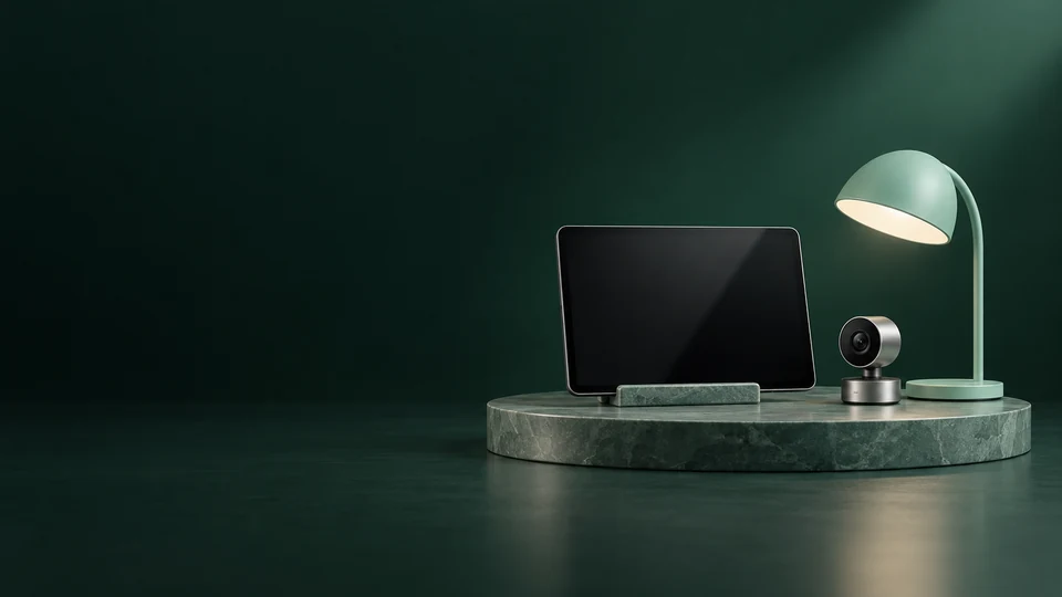 A blank dark tablet, cylindrical webcam and curved mint desk lamp on an oval green stone platform. - Healthcare & Wellness Meta ads research index