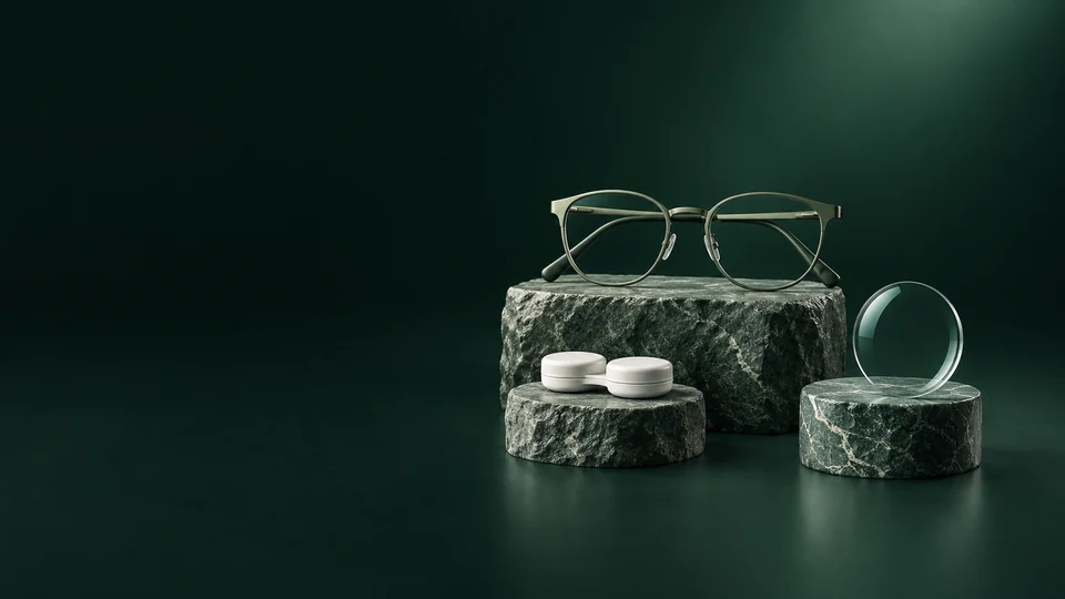 Olive metal spectacles, a closed white lens case and a clear round lens on three green stone plinths. - Healthcare & Wellness Meta ads research index