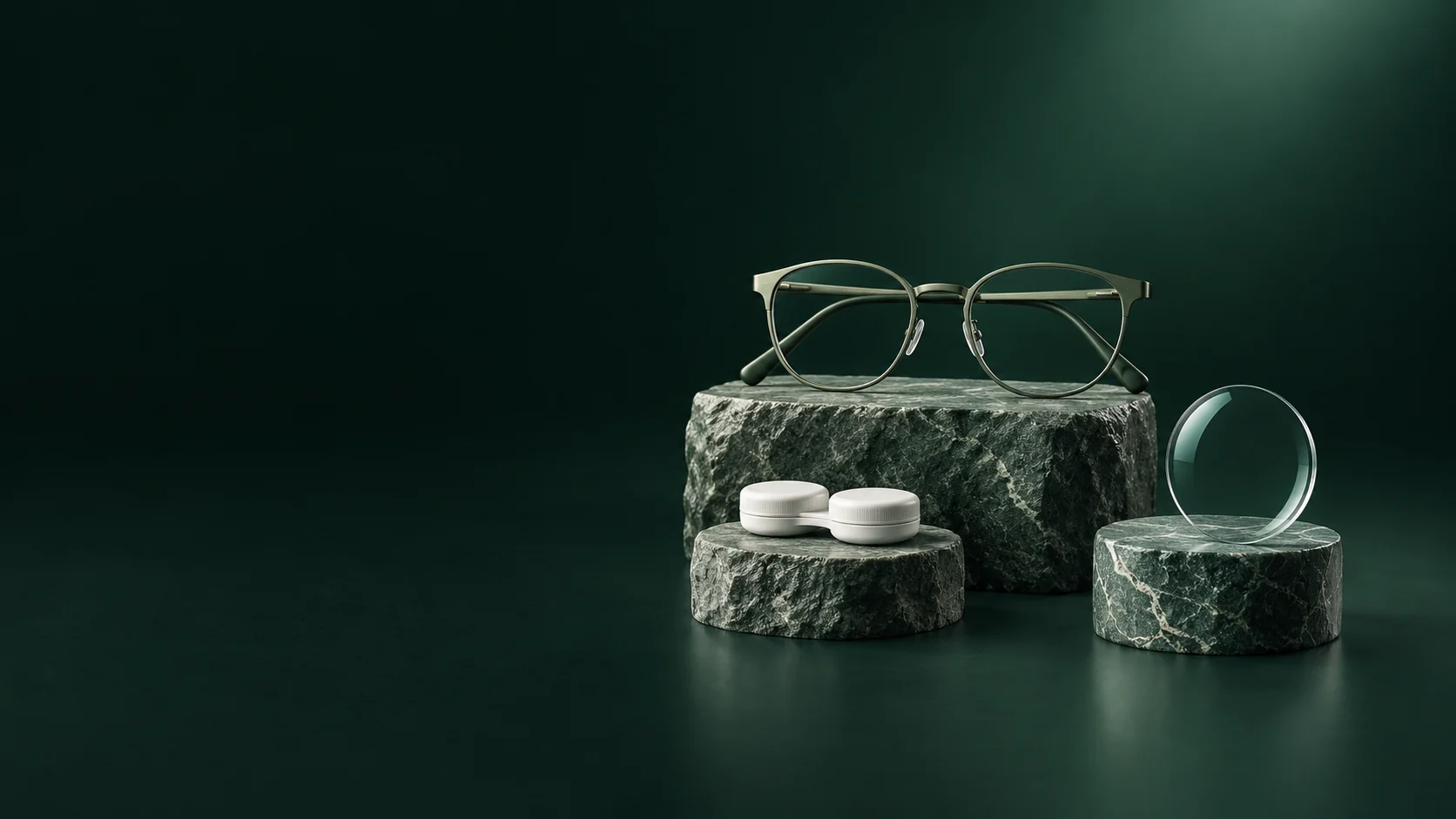 Olive metal spectacles, a closed white lens case and a clear round lens on three green stone plinths. - Vision Care Services Meta ads research by Madgicx Labs