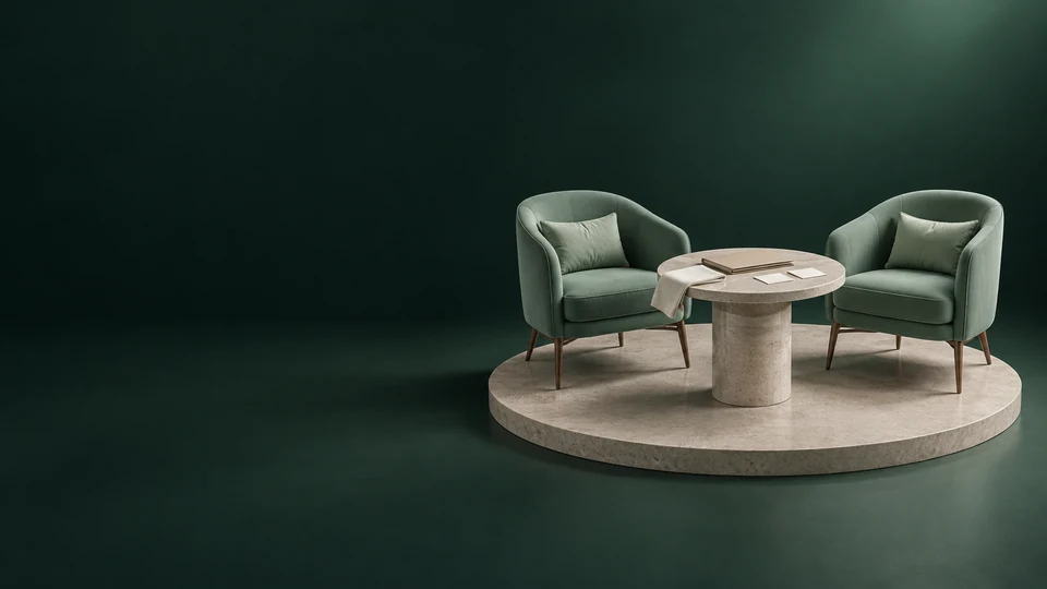 Two empty sage chairs around a stone table with a closed folio, blank cards and folded linen on an ivory platform. - Healthcare & Wellness Meta ads research index
