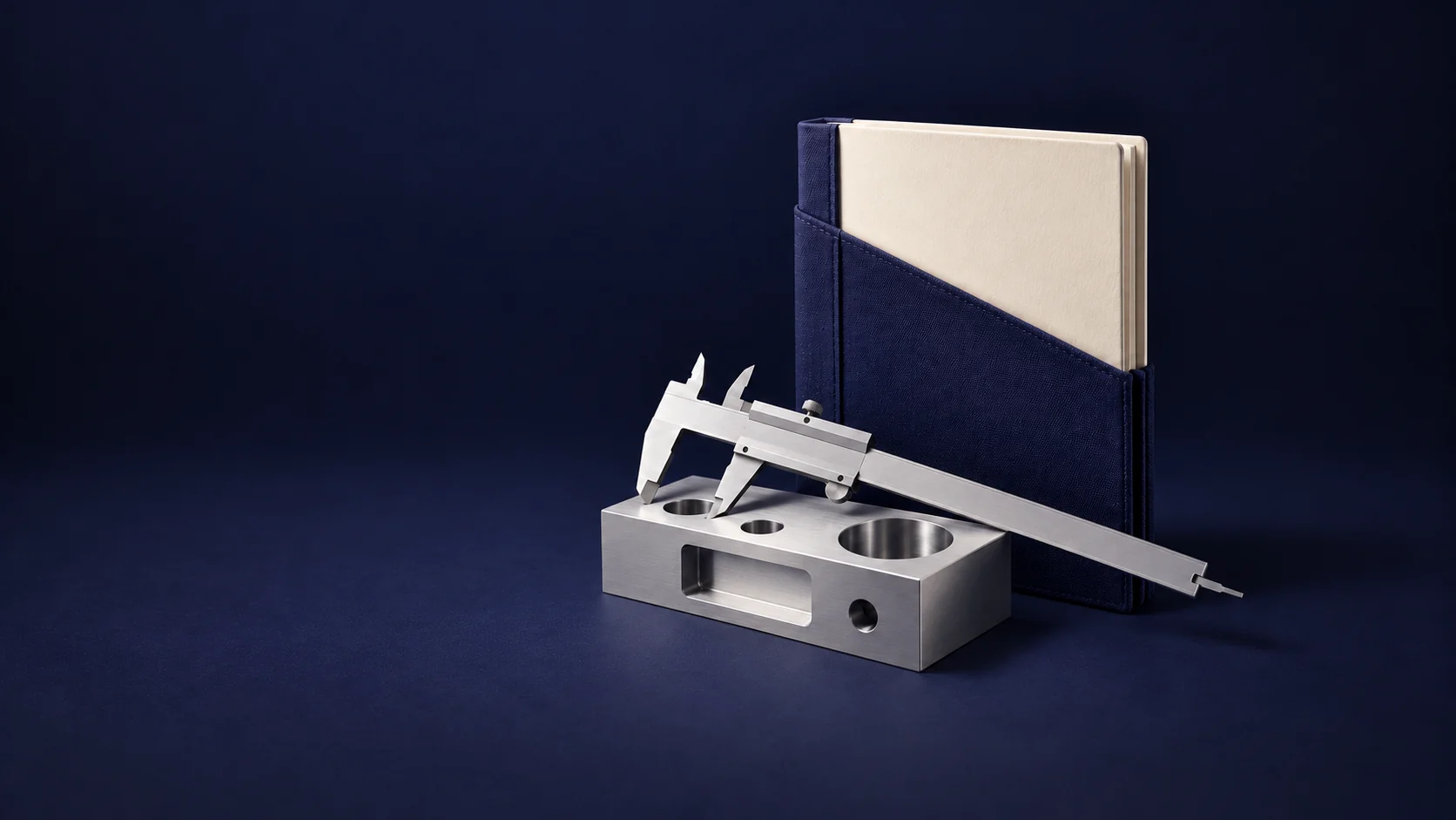 An unmarked study folio beside a complete caliper and metal training block. - Career Focused Colleges Meta ads research by Madgicx Labs