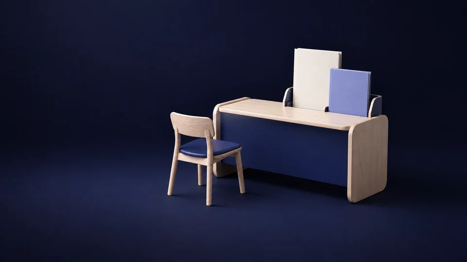 A small registration desk model with separate unmarked folios and an empty chair. - Higher Education Institutions Meta ads research index