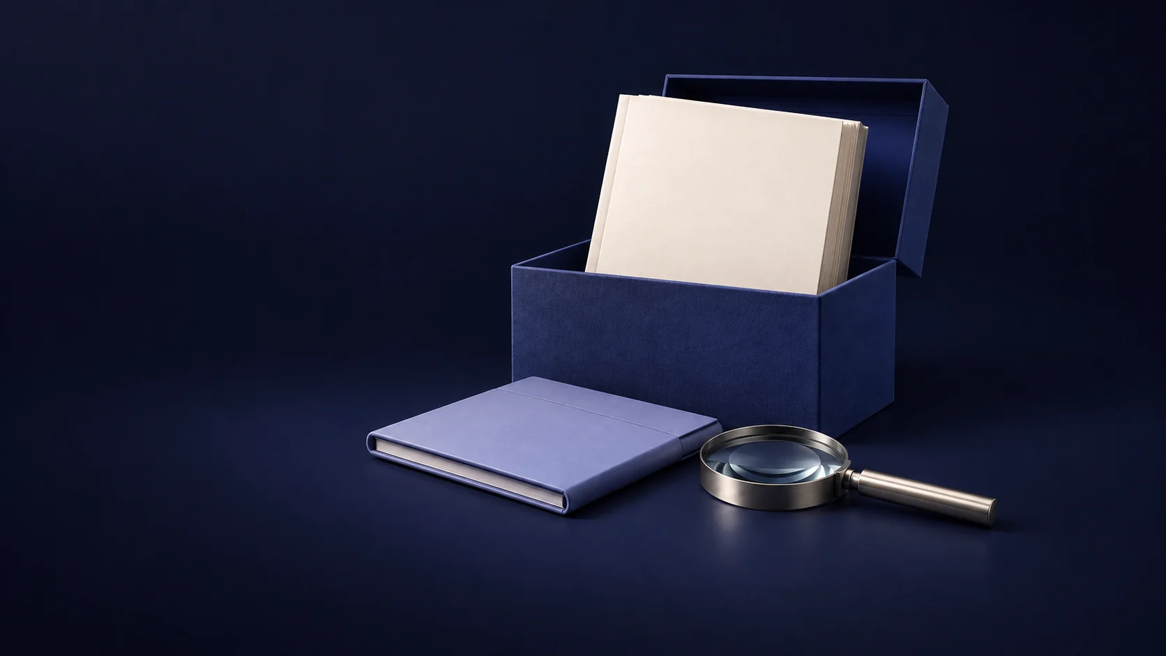 An open archival box holding a blank manuscript beside an interview folio and magnifying glass. - Graduate Schools Meta ads research by Madgicx Labs
