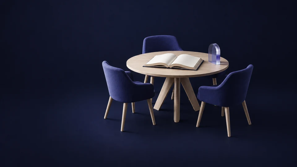 A round seminar table with three empty chairs and a blank open book. - Higher Education Institutions Meta ads research index