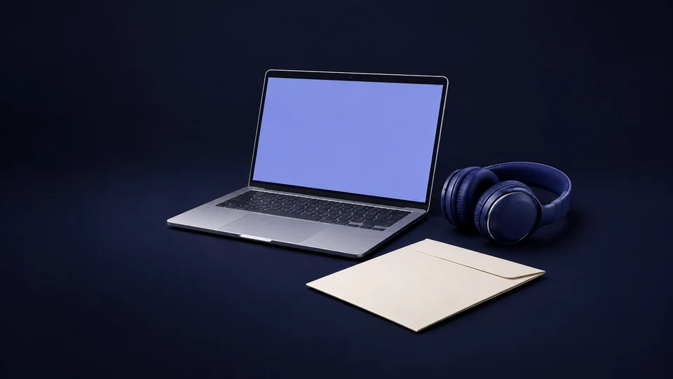 An unbranded laptop with a blank screen beside headphones and a transcript sleeve. - Higher Education Institutions Meta ads research index