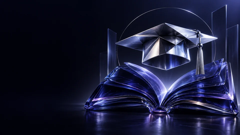 An indigo glass open book beneath a faceted silver mortarboard and tassel. - Higher Education Institutions Meta ads research by Madgicx Labs