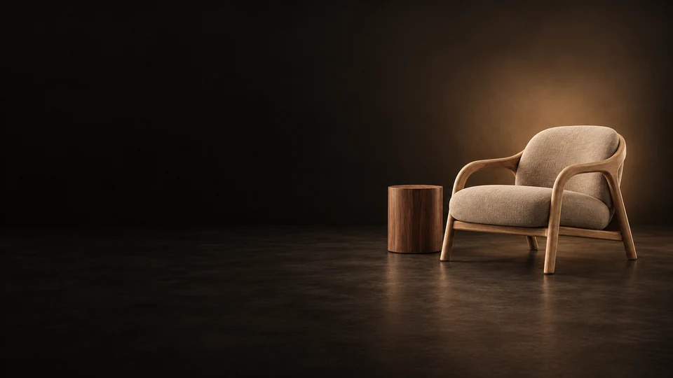 Oak lounge chair with biscuit upholstery beside a small walnut table. - Home Goods & Furnishings Meta ads research index