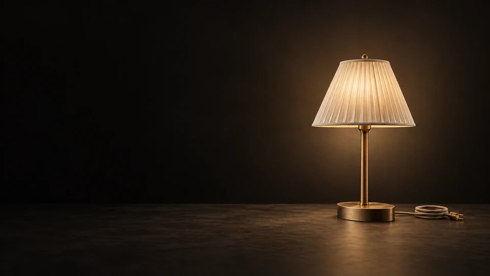 Brass table lamp with a pleated ivory shade and neatly coiled cord. - Home Goods & Furnishings Meta ads research index