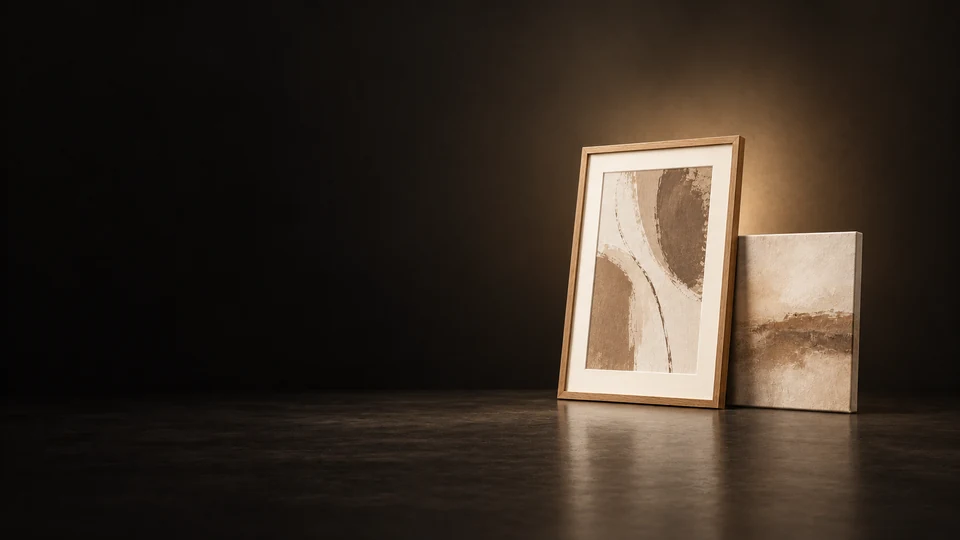 Oak-framed abstract print beside a smaller unframed textured canvas. - Home Goods & Furnishings Meta ads research index