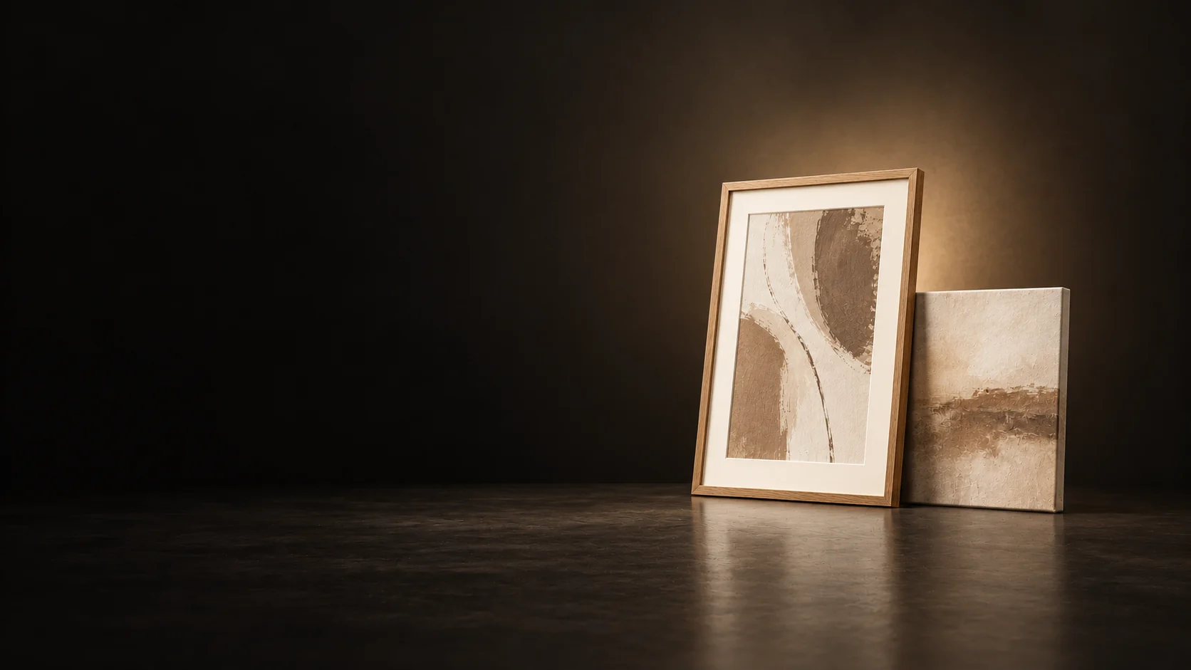 Oak-framed abstract print beside a smaller unframed textured canvas. - Wall Decor Art Meta ads research by Madgicx Labs
