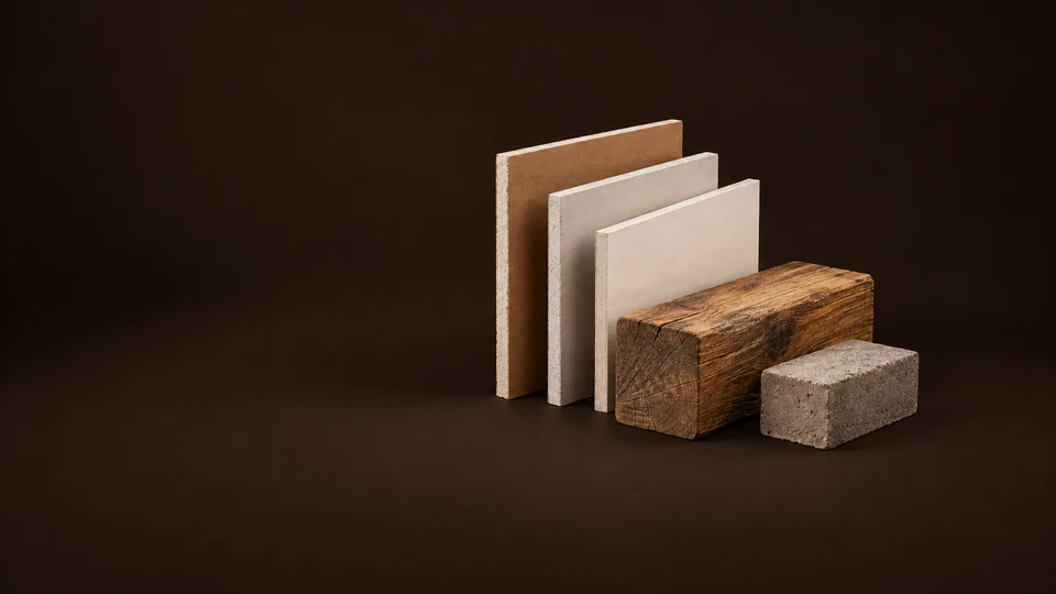 A fan of wallboard samples beside an oak beam and a masonry block. - Home Improvement Tools & Materials Meta ads research index