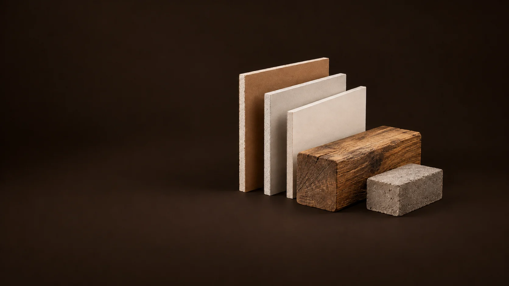 A fan of wallboard samples beside an oak beam and a masonry block. - Building Construction Materials Meta ads research by Madgicx Labs