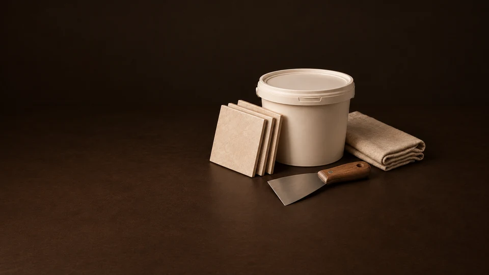 An unmarked compound tub, ceramic tiles, putty knife and folded drop cloth. - Home Improvement Tools & Materials Meta ads research index