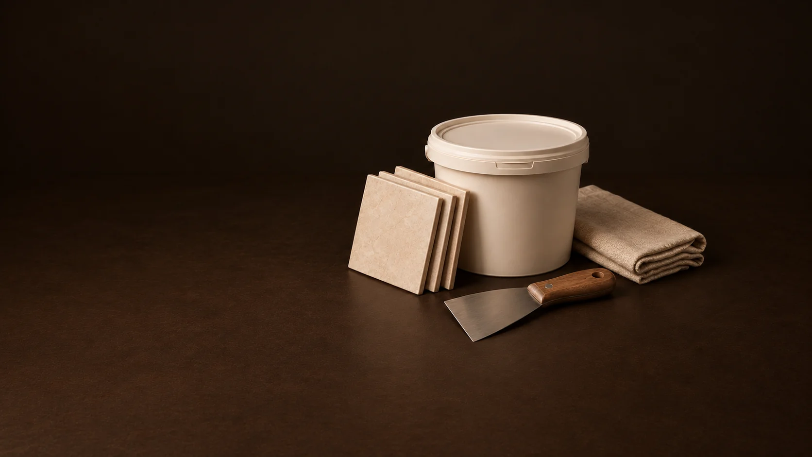An unmarked compound tub, ceramic tiles, putty knife and folded drop cloth. - DIY Project Supplies Meta ads research by Madgicx Labs