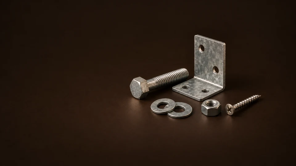 A connector plate, bolt, washers, hex nut and wood screw on a dark surface. - Home Improvement Tools & Materials Meta ads research index
