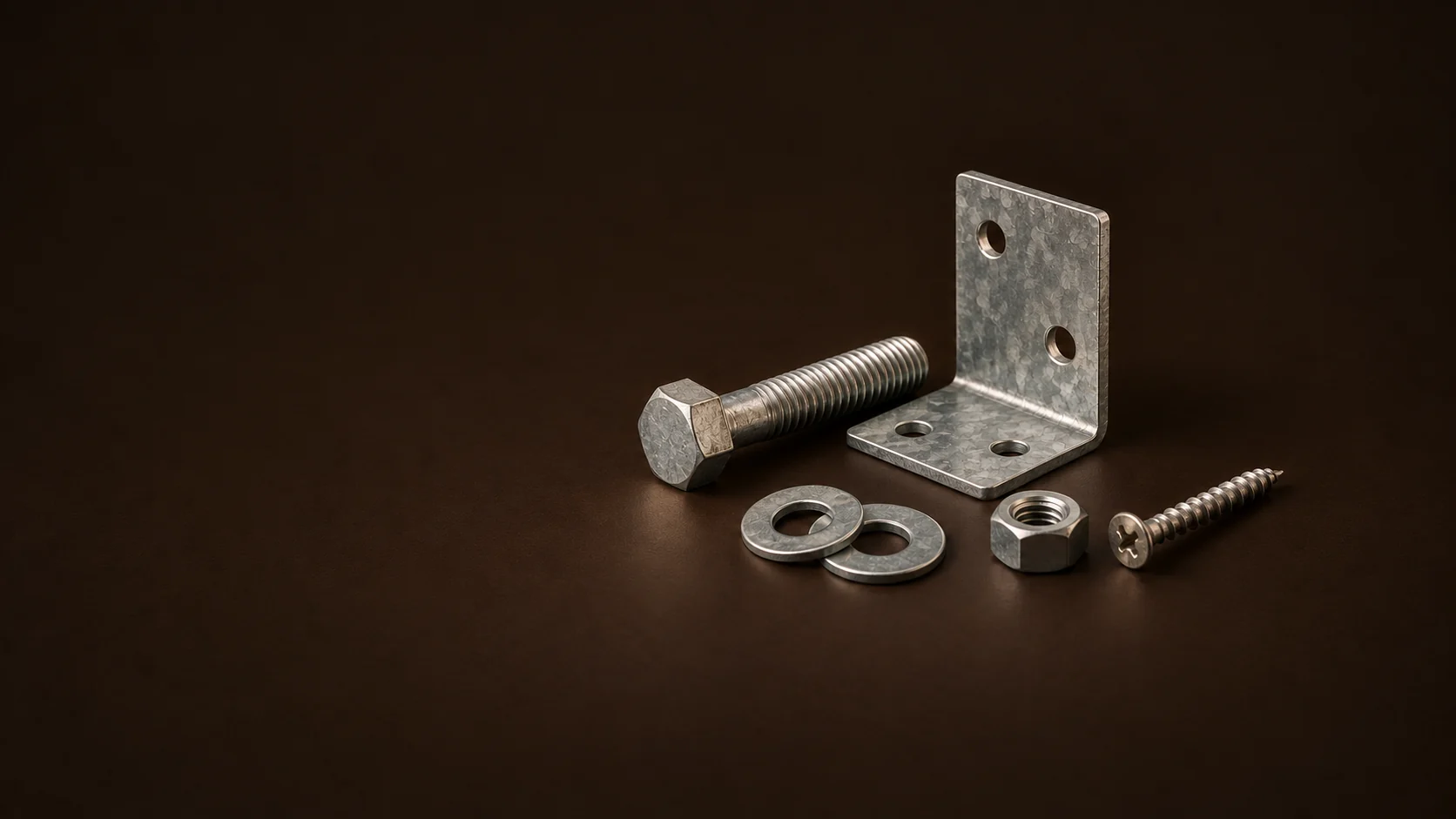 A connector plate, bolt, washers, hex nut and wood screw on a dark surface. - Hardware Fasteners Meta ads research by Madgicx Labs