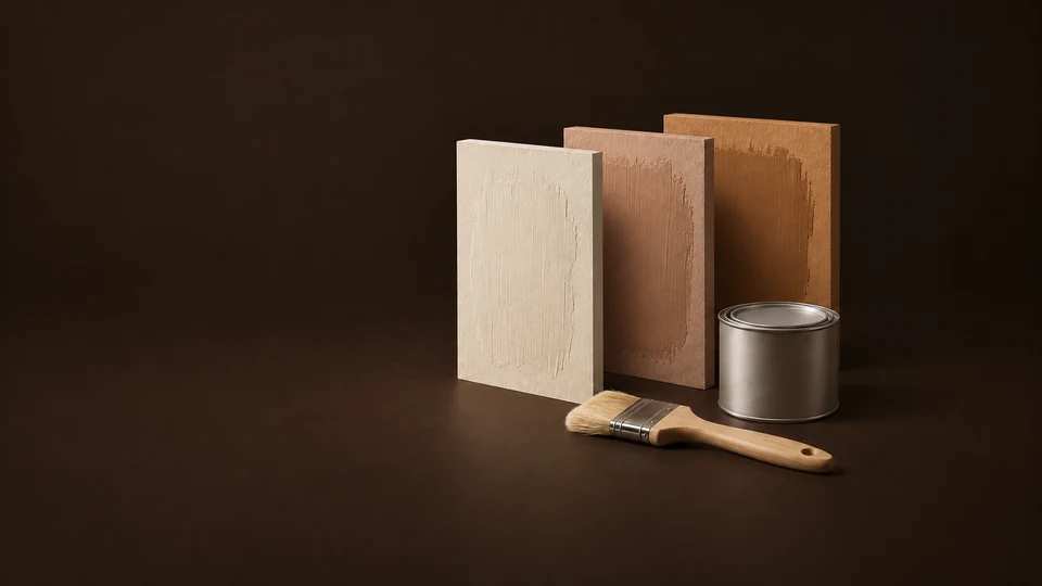 Painted sample panels, a closed tin and a flat brush with a wooden handle. - Home Improvement Tools & Materials Meta ads research index